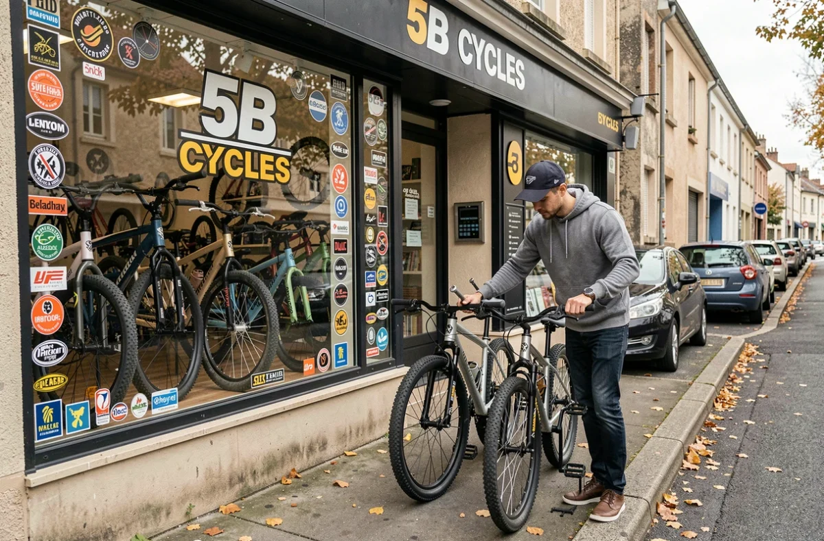Employé ajustant un vélo en devanture du magasin 5B Cycles