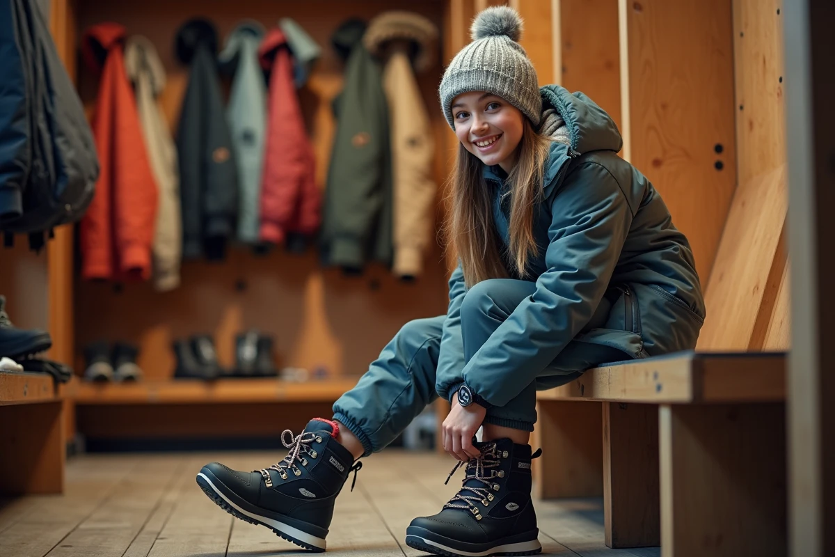 Jeune fille souriante dans un vestiaire de station de ski