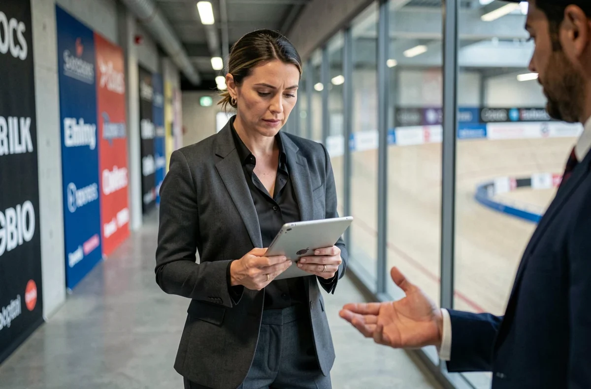 Agente sportive spécialisée dans le cyclisme professionnel consultant des documents dans les coulisses d'un vélodrome pendant le mercato 2026