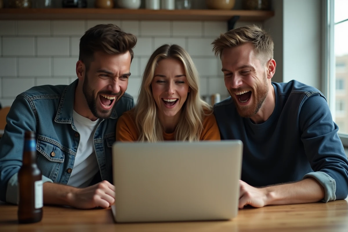 Groupe d'amis réunis autour d'un ordinateur portable pour regarder un match de football en ligne gratuitement