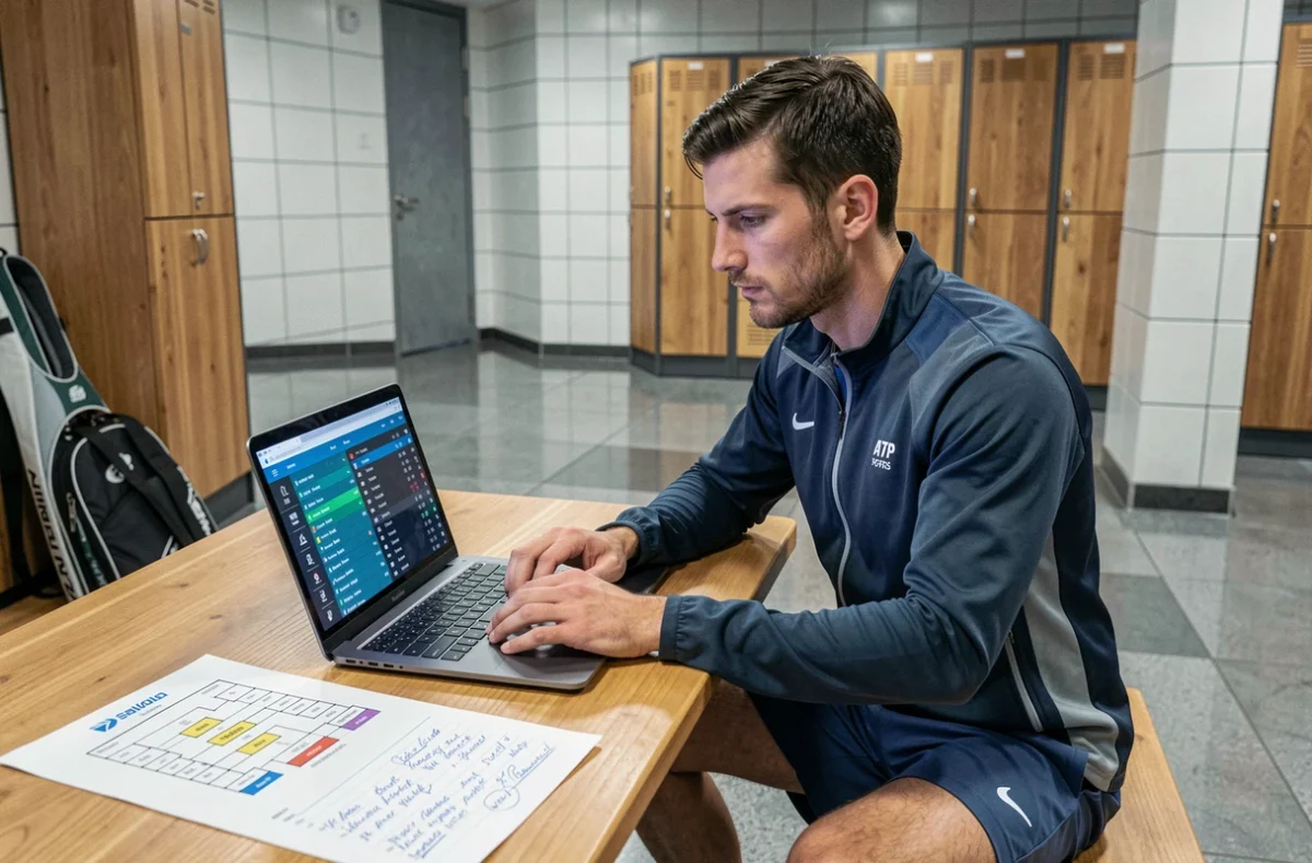 Joueur de tennis analysant ses statistiques ATP et son classement sur ordinateur dans un vestiaire professionnel