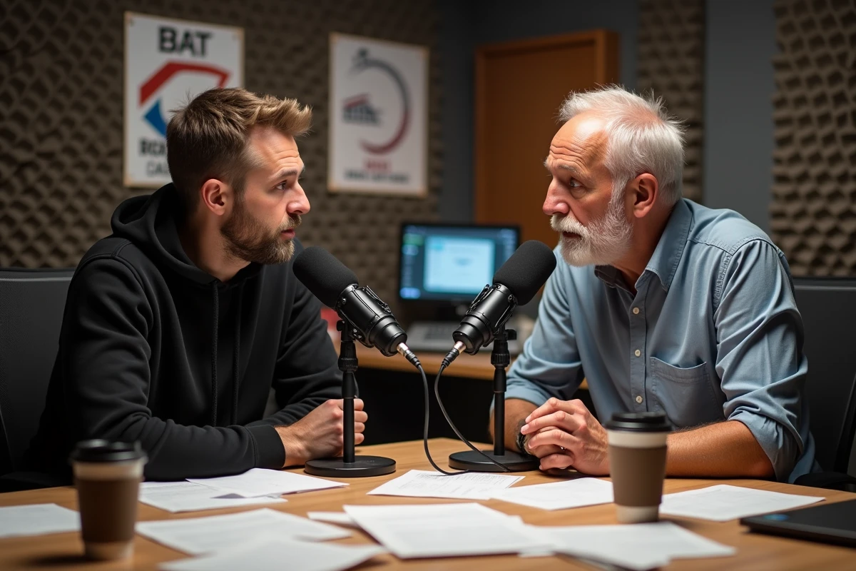 Deux analystes m&eacute;dias sportifs discutant des rumeurs et fuites strat&eacute;giques dans l'industrie du catch professionnel lors d'un enregistrement de podcast en studio