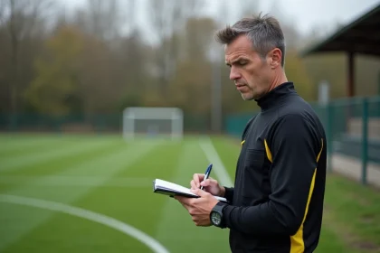 Arbitre de football amateur consultant ses notes de match lors d'une rencontre du district de l'Aisne