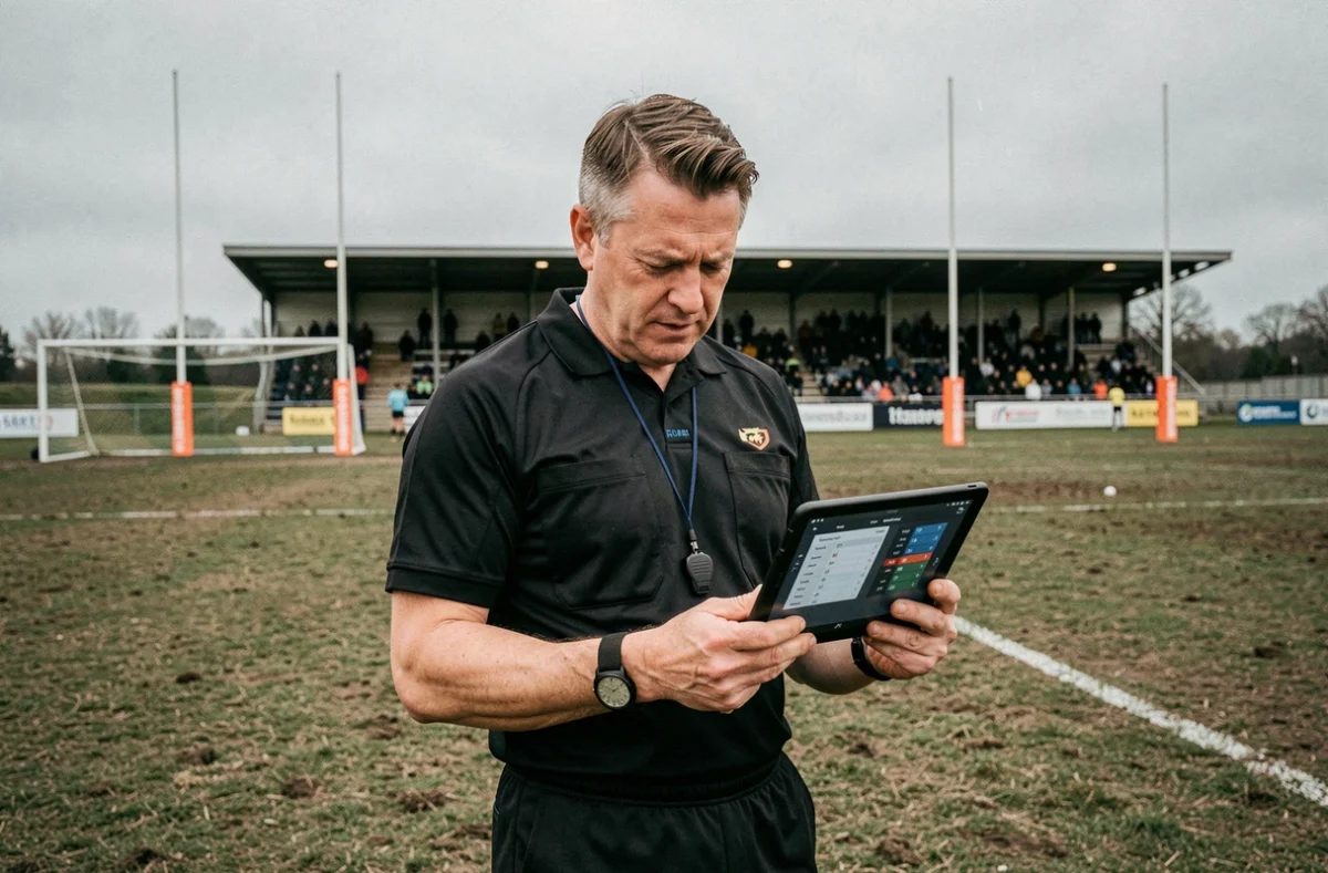 Arbitre de rugby consultant un tableau de score en direct sur une tablette au centre d'un terrain fédéral