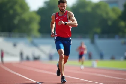 Coureur masculin v&eacute;rifiant sa montre lors d'une course