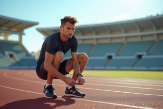 Jeune athlète en plein effort sur tartan au stade