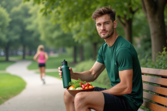 Jeune athlète en plein air avec bouteille d'eau et légumes