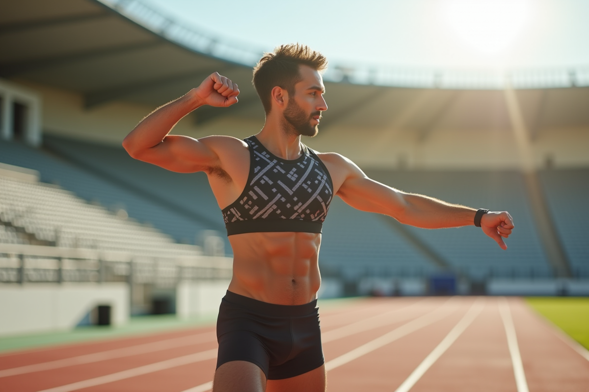 Homme athlète en plein étirement sur une piste extérieure