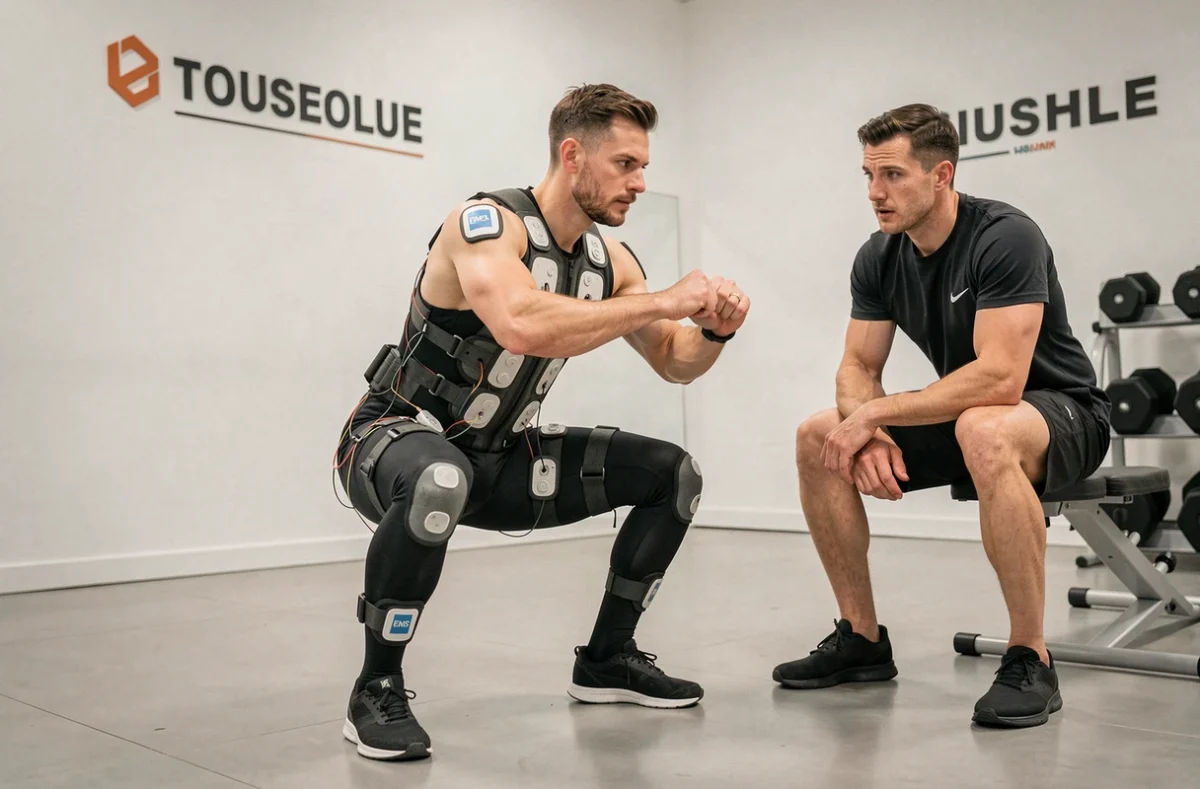 Client en combinaison d'électrostimulation musculaire lors d'une séance Bodyhit encadrée par un coach dans un studio moderne à Toulouse