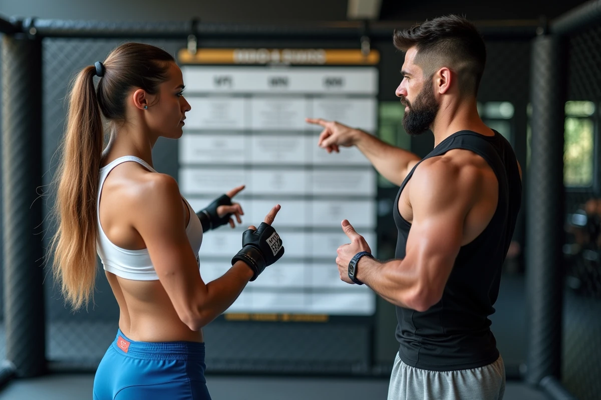 Combattants UFC féminin et masculin devant un tableau des catégories de poids dans une salle de MMA professionnelle, illustrant les différences entre divisions
