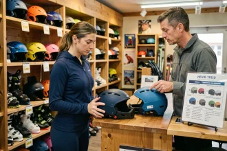 Femme choisissant un casque de sports cabin en magasin de ski avec l'aide d'un conseiller spécialisé