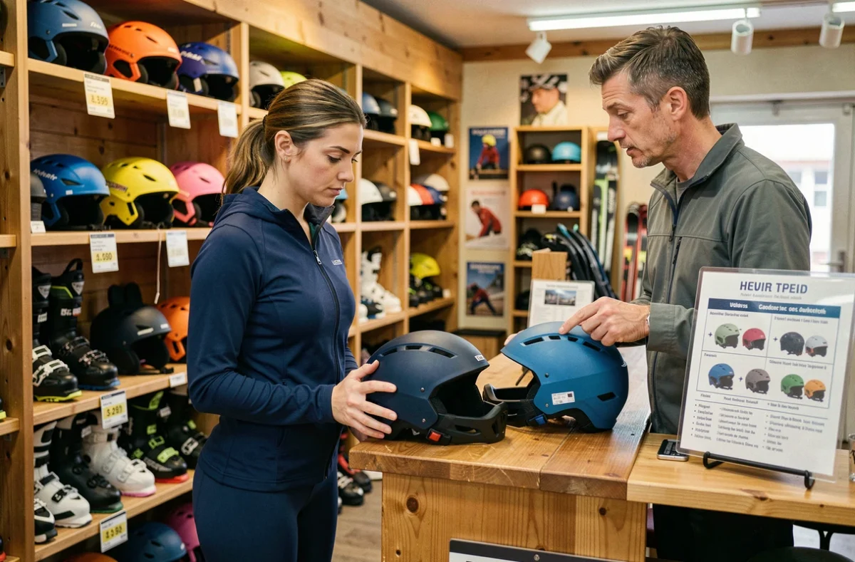 Femme choisissant un casque de sports cabin en magasin de ski avec l'aide d'un conseiller spécialisé
