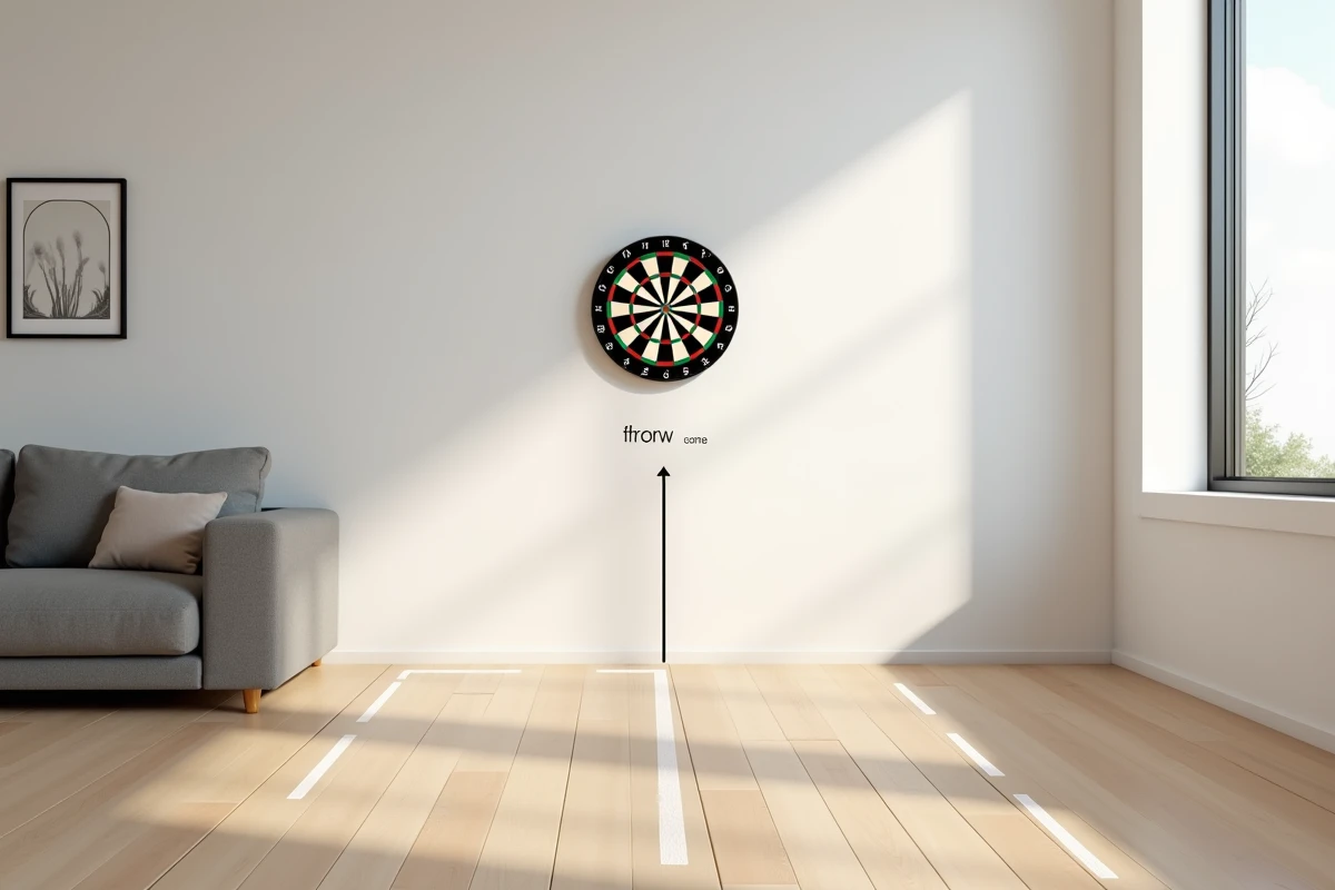 Cible de fléchettes installée dans un salon moderne avec distance de lancer marquée au sol sur parquet clair