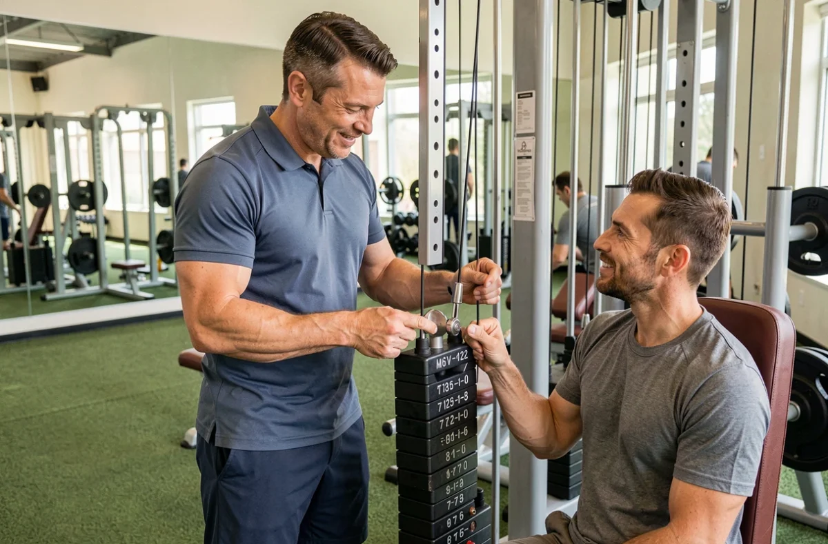 Coach sportif conseillant son client sur le choix de la charge au tirage poulie dos