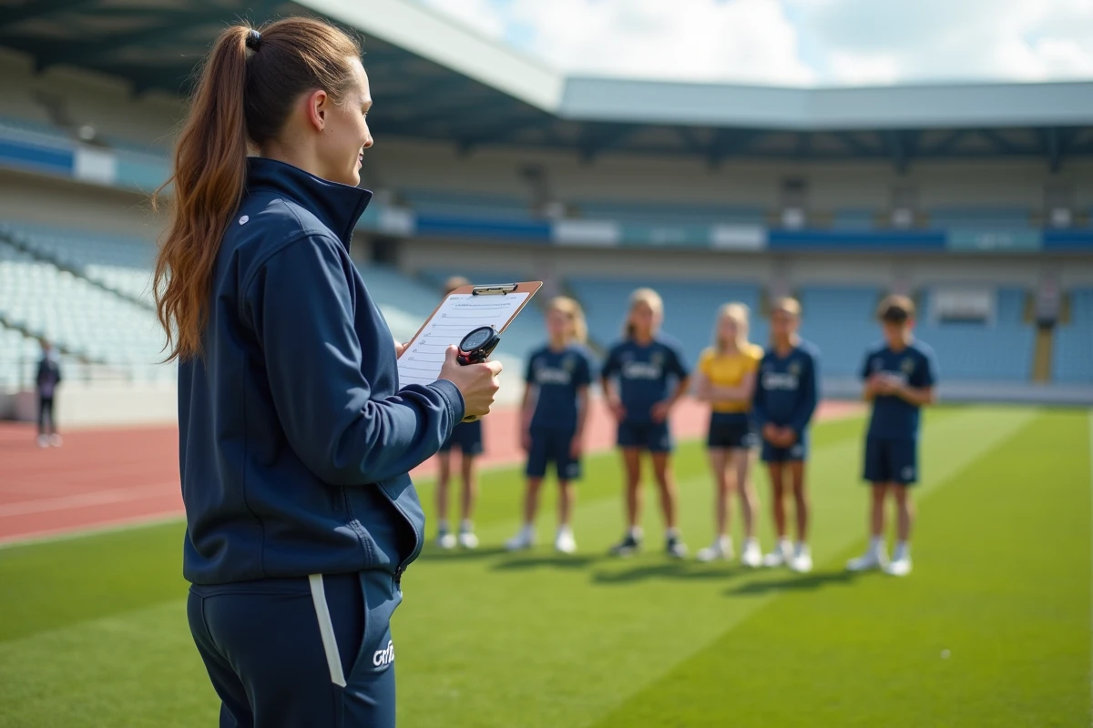 Entraineur f&eacute;minin donnant des instructions &agrave; un groupe de jeunes