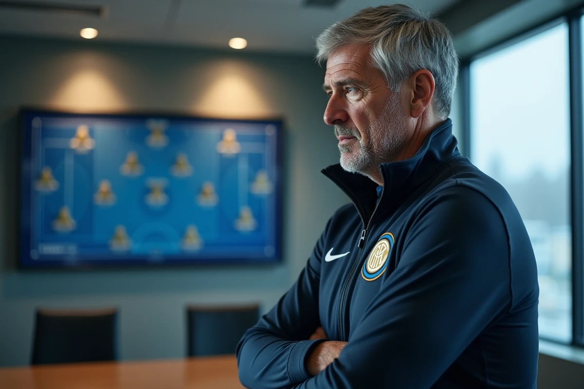 Entraineur analysant un tableau tactique en salle moderne