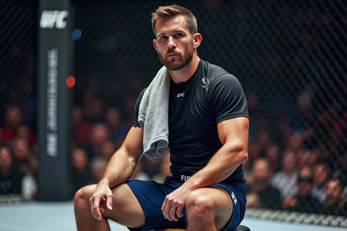 Combattant UFC masculin assis dans son coin de l'octogone entre deux rounds, expression concentrée, atmosphère de combat professionnelle