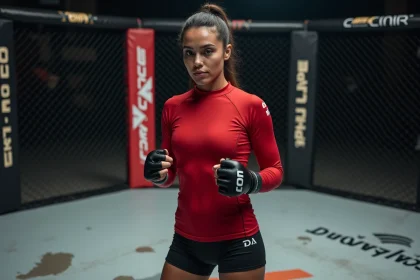 Combattante MMA féminine en position défensive dans un octogone de l'UFC, équipée de gants de combat rouges et d'un rashguard de compression