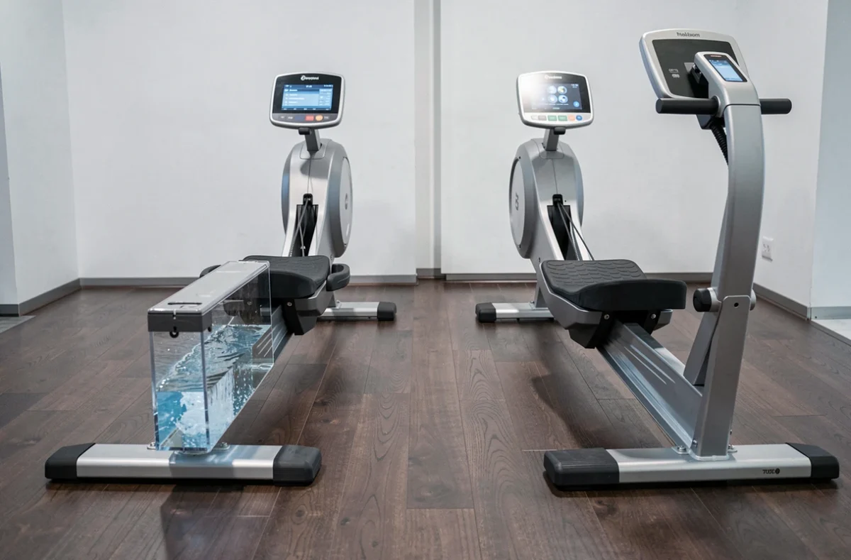 Comparaison côte à côte d'un rameur à eau et d'un rameur magnétique dans un showroom fitness, détails des mécanismes de résistance visibles