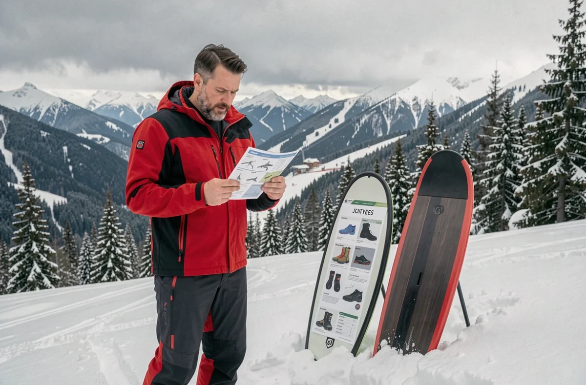 Skieur adulte comparant deux modèles de sports cabin sur une piste de montagne enneigée