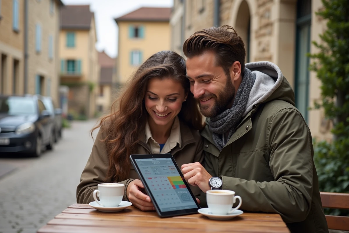Couple consultant un calendrier de rallyes 2026 sur tablette en terrasse de café dans un village français