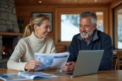 Couple en chalet alpin comparant les offres de séjour tout compris et à la carte pour un forfait à l'Alpe d'Huez