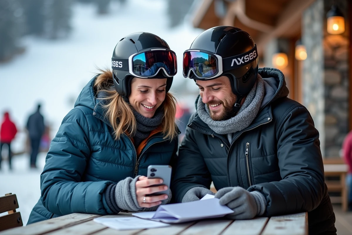 Couple de skieurs comparant les prix de forfait semaine et week-end aux Arcs sur smartphone en terrasse de refuge