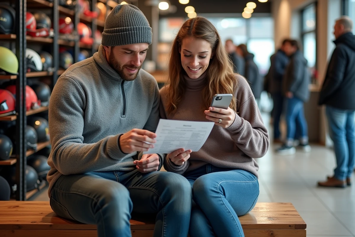 Couple comparant les prix de location de ski de dernière minute dans un magasin de station