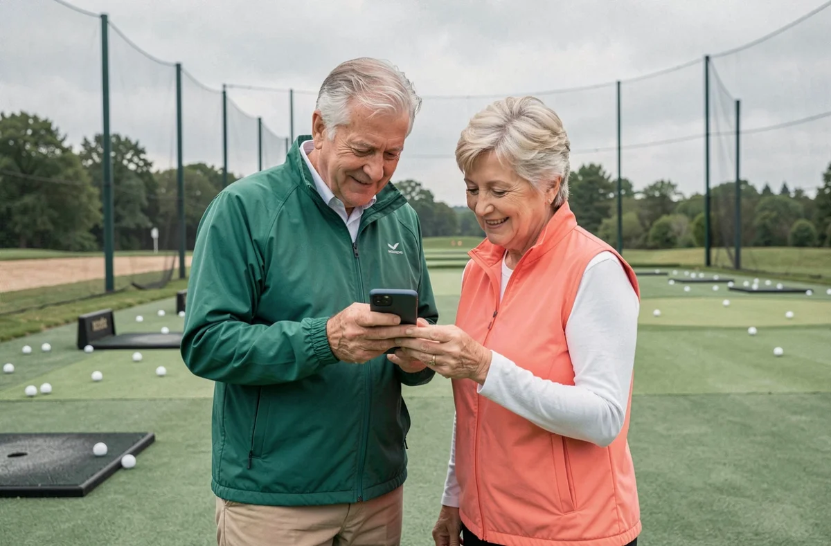 Deux seniors consultant des conseils de golf sur smartphone au practice, couple de retraités débutants apprenant le golf ensemble en 2026