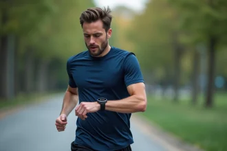 Coureur masculin consultant sa montre GPS pour calculer son temps au kilomètre pendant une course en milieu urbain