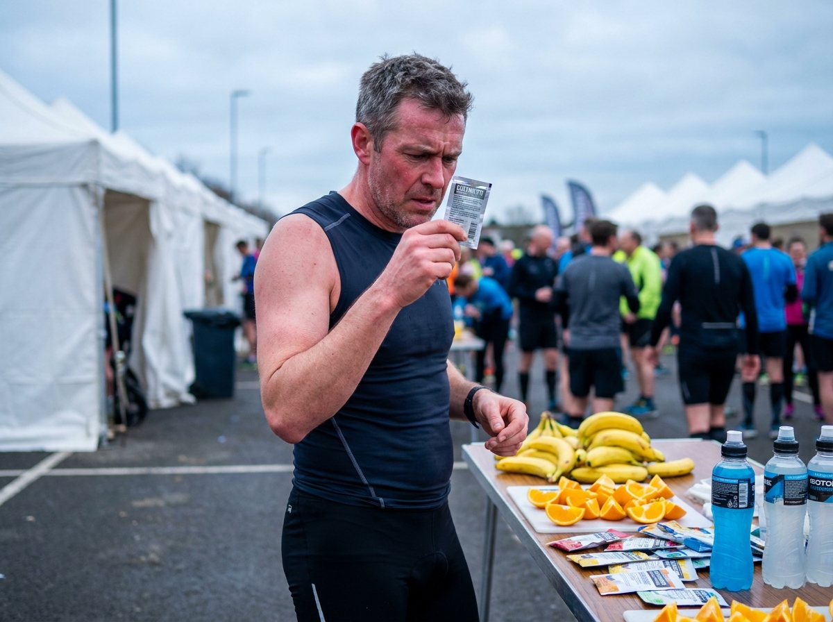 Coureur lisant l'étiquette d'un sachet d'électrolytes à la table de ravitaillement après un marathon
