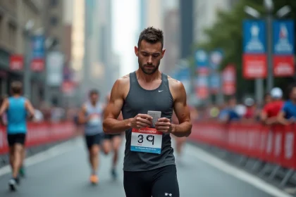 Coureur de semi-marathon consultant son tableau d'allures avant le départ d'une course urbaine