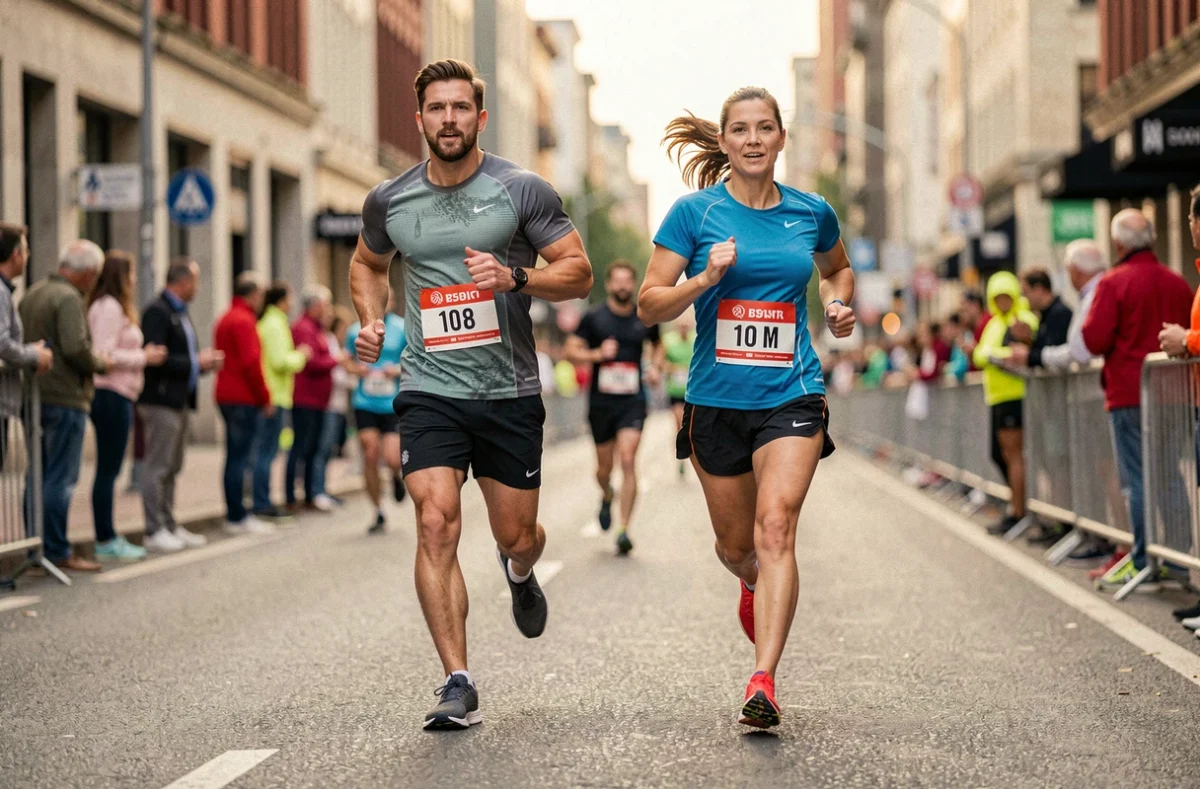 Deux coureurs en compétition lors d'un 10 km cherchant à maintenir leur allure en min/km