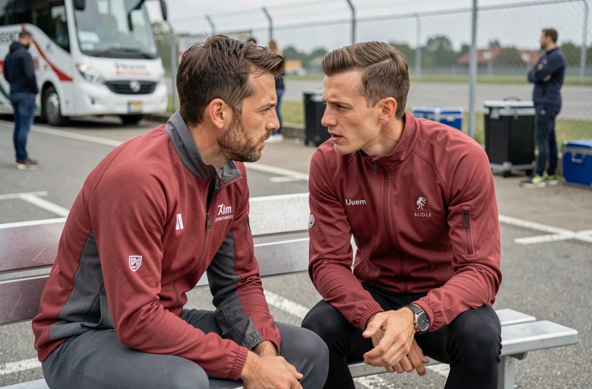 Deux coureurs cyclistes professionnels en conversation discrète près d'un bus d'équipe, évoquant les coulisses des transferts du mercato cyclisme 2026