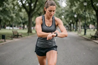 Coureuse vérifiant sa montre GPS pendant un 10 km pour convertir sa vitesse en min/km
