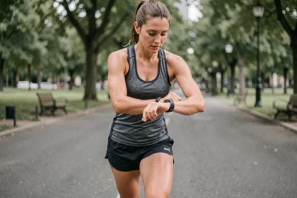 Coureuse vérifiant sa montre GPS pendant un 10 km pour convertir sa vitesse en min/km