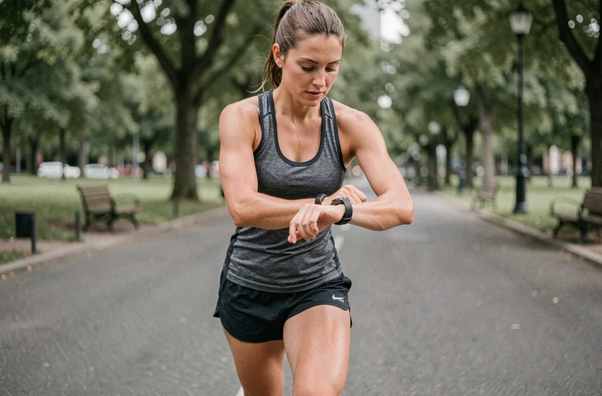 Coureuse vérifiant sa montre GPS pendant un 10 km pour convertir sa vitesse en min/km