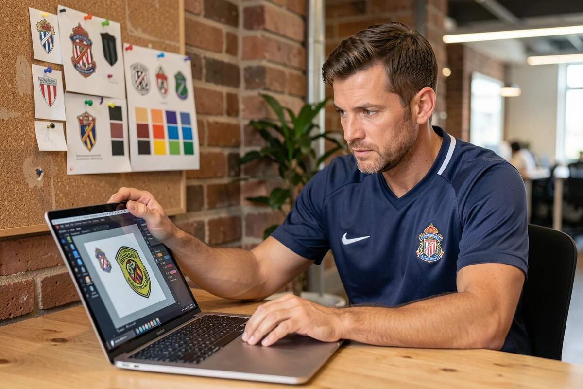 Homme en maillot de football d'entreprise créant un logo de club sur ordinateur dans un bureau moderne