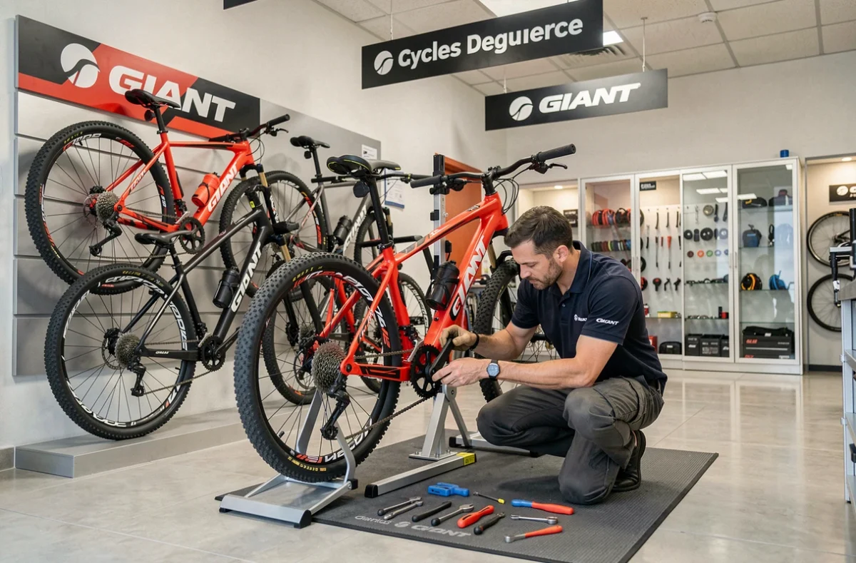 Mécanicien réglant un vélo Giant dans l'atelier de Cycles Degueurce Giant Dijon