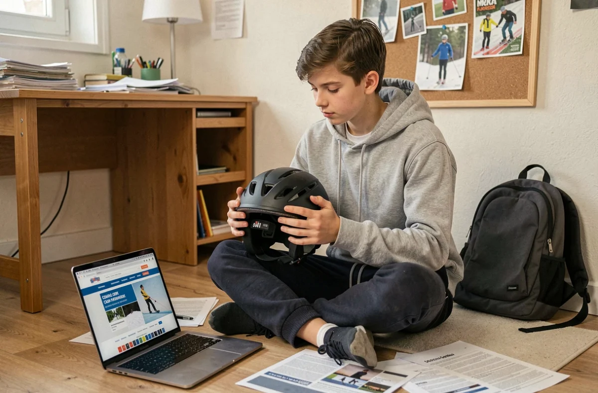 Adolescent débutant comparant des sports cabin en ligne depuis sa chambre pour choisir selon son niveau