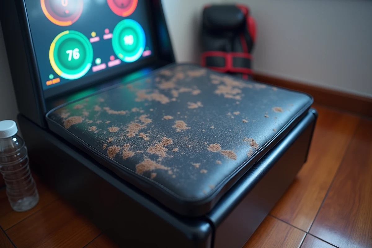 Gros plan sur le panneau de contr&ocirc;le et la surface us&eacute;e d'une machine &agrave; boxe musicale