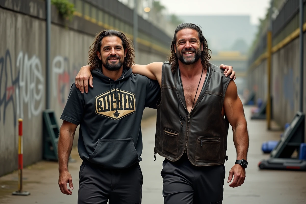 Deux lutteurs discutant dans un couloir extérieur