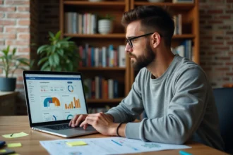 Développeur web analysant les métriques SEO d'un site sport atypique sur un ordinateur portable dans un bureau moderne