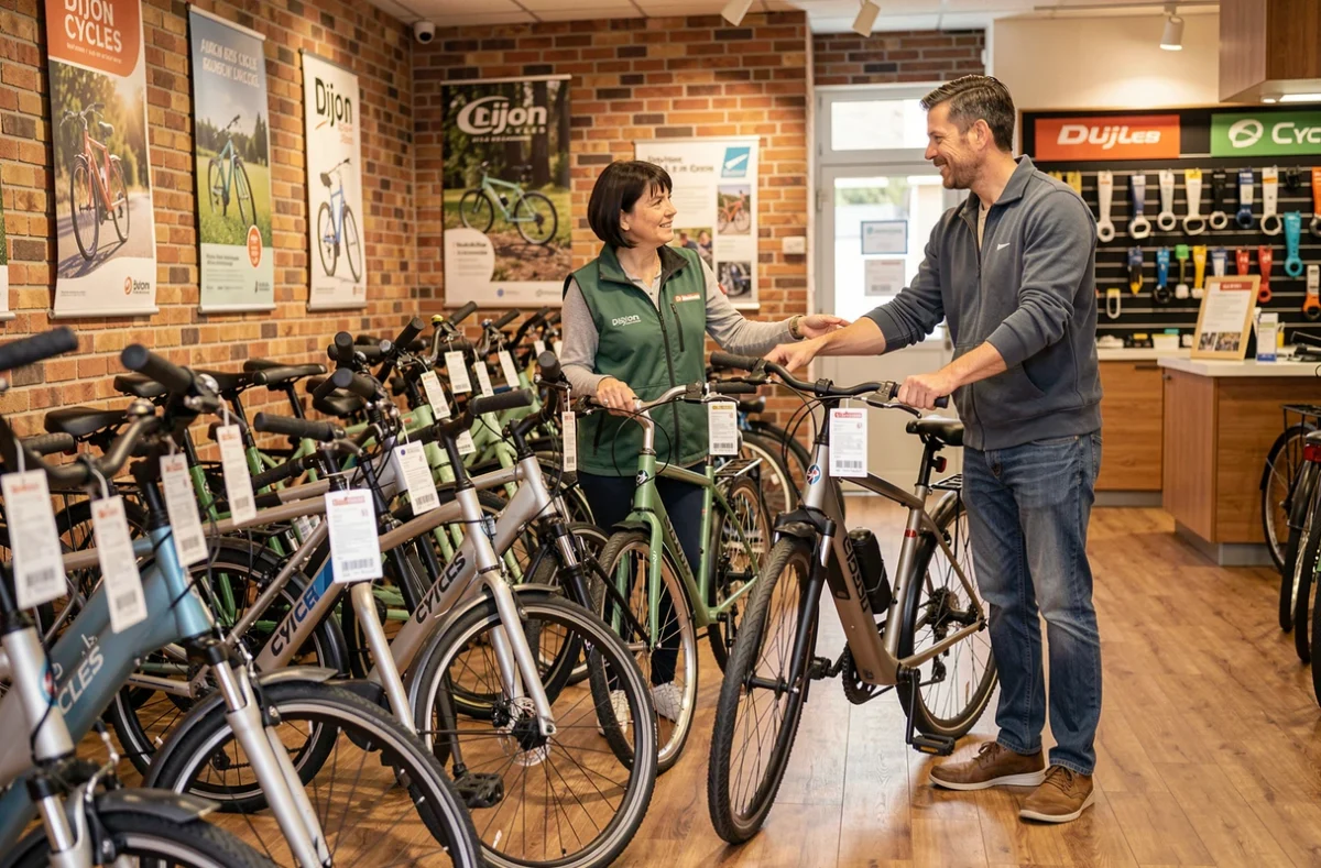 Vendeuse conseillant un client sur le choix d'un vélo hybride chez Dijon Cycles