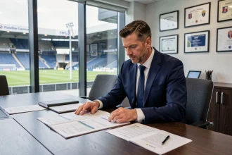 Directeur sportif d'un club de Ligue 1 analysant le budget mercato et les salaires sur des documents financiers en salle de réunion