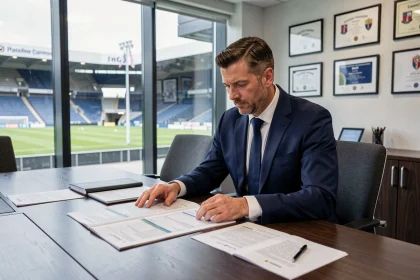 Directeur sportif d'un club de Ligue 1 analysant le budget mercato et les salaires sur des documents financiers en salle de réunion