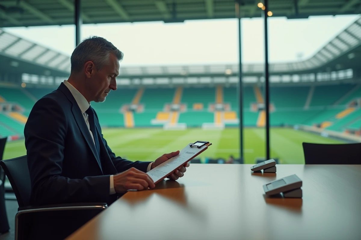 Directeur sportif en réunion dans une salle de conférence de stade, examinant des documents liés au transfert et au mercato de Nantes 2026