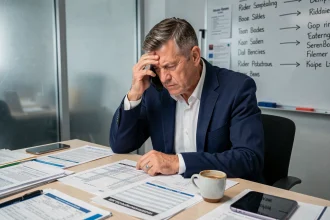 Directeur sportif cycliste en pleine négociation téléphonique lors du mercato 2026, entouré de documents de contrats dans les coulisses d'une équipe professionnelle