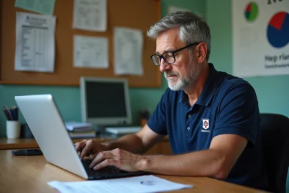 Dirigeant de club de judo consultant l'extranet FFJDA sur un ordinateur portable dans un bureau administratif