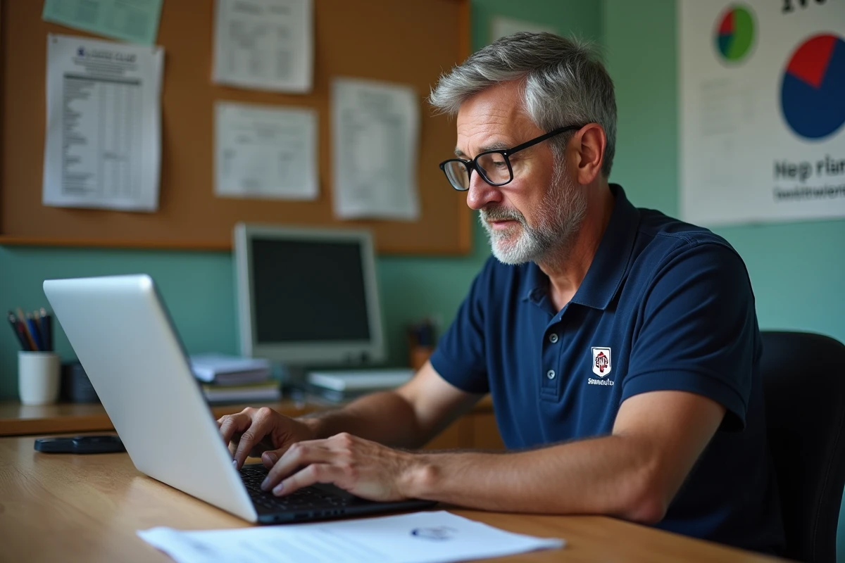 Dirigeant de club de judo consultant l'extranet FFJDA sur un ordinateur portable dans un bureau administratif